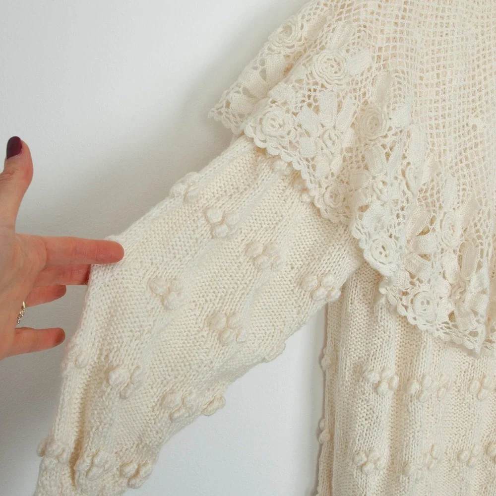 Catharine Lover‎ Womens Hand Knitted Victorian Style Wool Sweater Size L Ivory